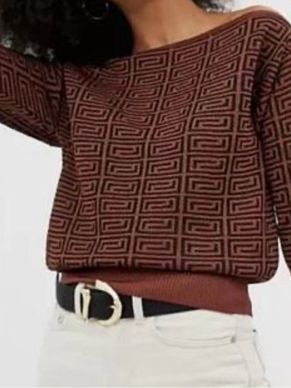 River Island Brown Geometric Off Shoulder Sweater‎